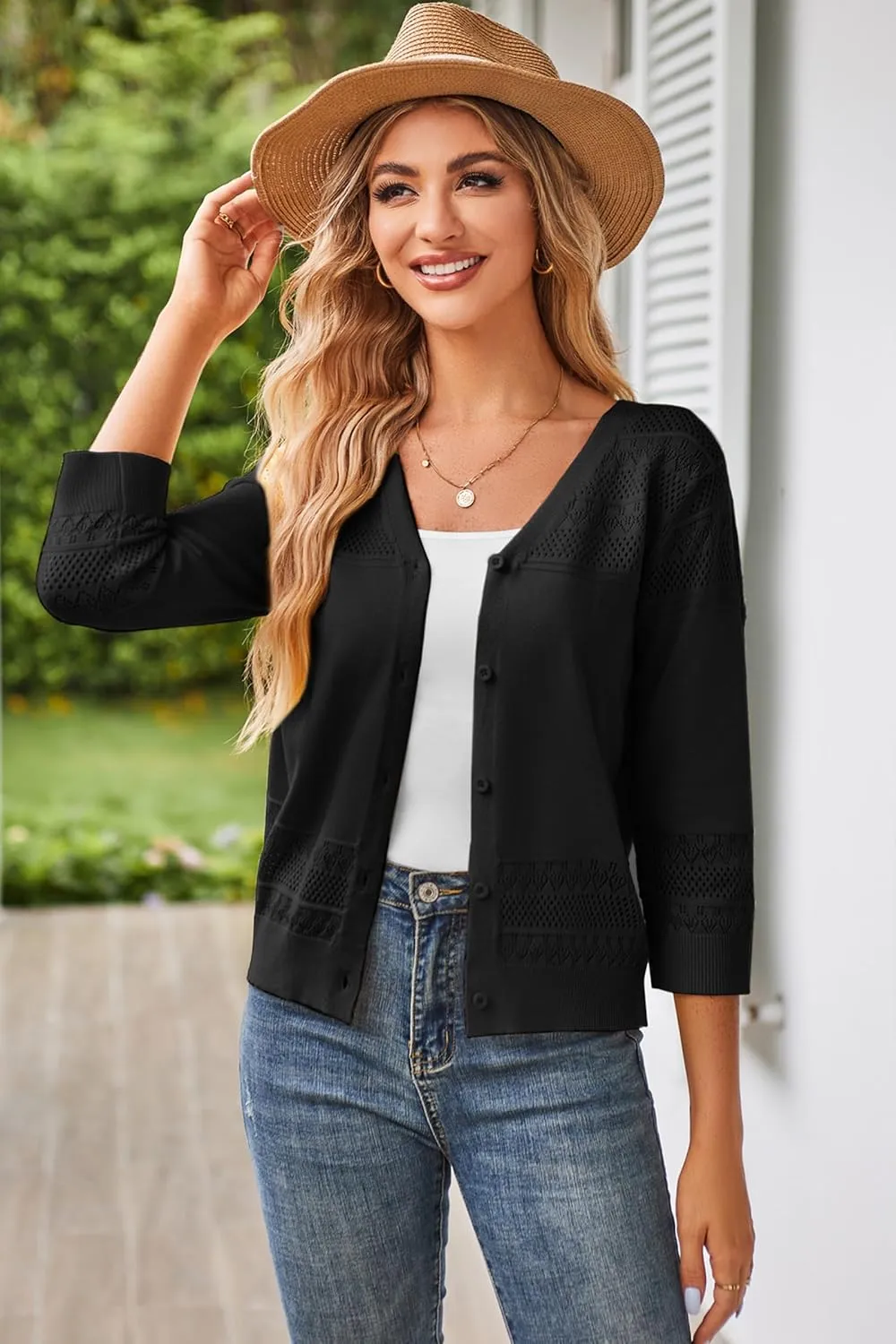 GRACE KARIN Women's 2025 Cropped Cardigan 3/4 Sleeve Lightweight Crochet Shrug Hollowed-Out Knit Sweater Tops