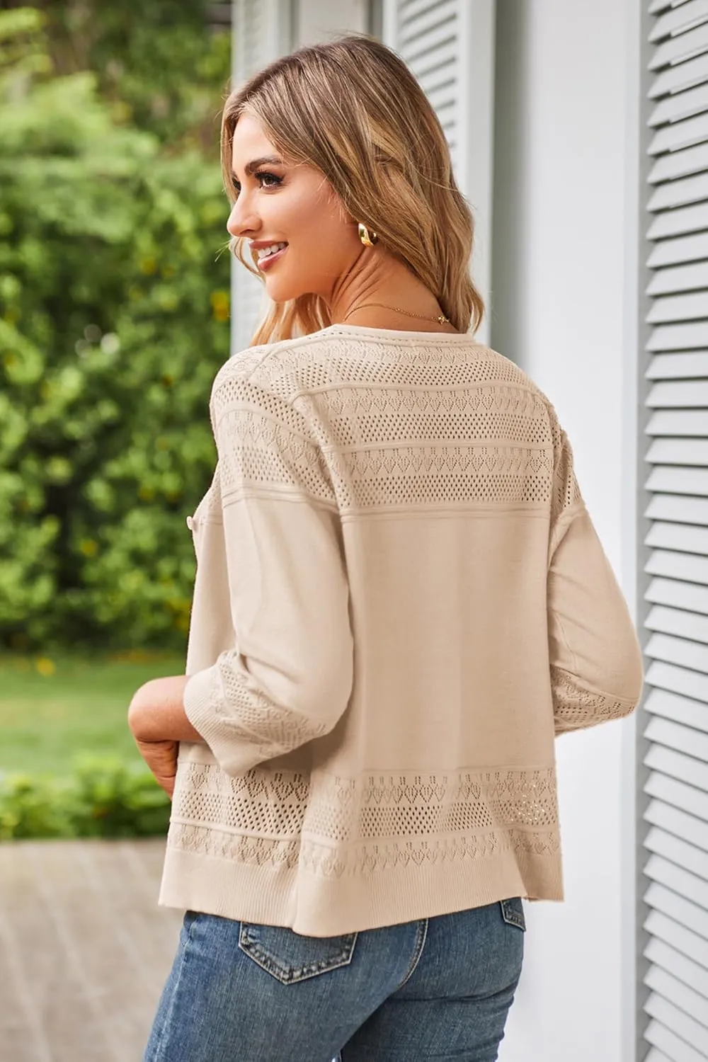 GRACE KARIN Women's 2025 Cropped Cardigan 3/4 Sleeve Lightweight Crochet Shrug Hollowed-Out Knit Sweater Tops