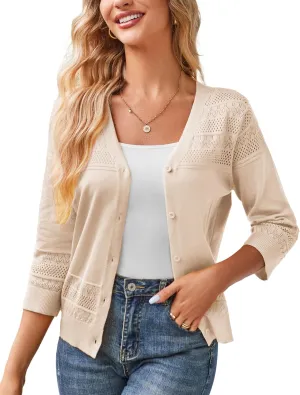 GRACE KARIN Women's 2025 Cropped Cardigan 3/4 Sleeve Lightweight Crochet Shrug Hollowed-Out Knit Sweater Tops