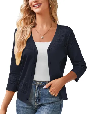 GRACE KARIN Women's 2025 Cropped Cardigan 3/4 Sleeve Lightweight Crochet Shrug Hollowed-Out Knit Sweater Tops