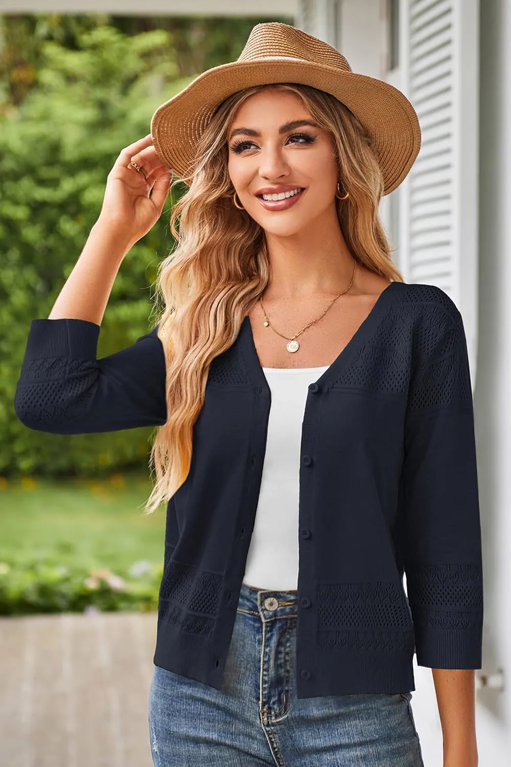GRACE KARIN Women's 2025 Cropped Cardigan 3/4 Sleeve Lightweight Crochet Shrug Hollowed-Out Knit Sweater Tops