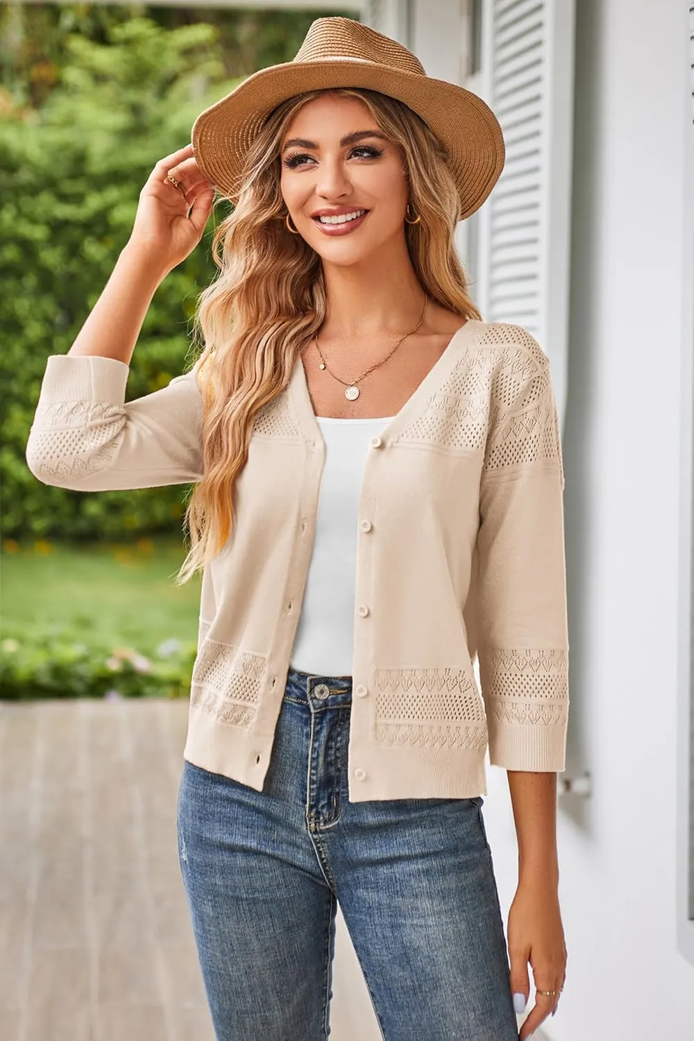 GRACE KARIN Women's 2025 Cropped Cardigan 3/4 Sleeve Lightweight Crochet Shrug Hollowed-Out Knit Sweater Tops