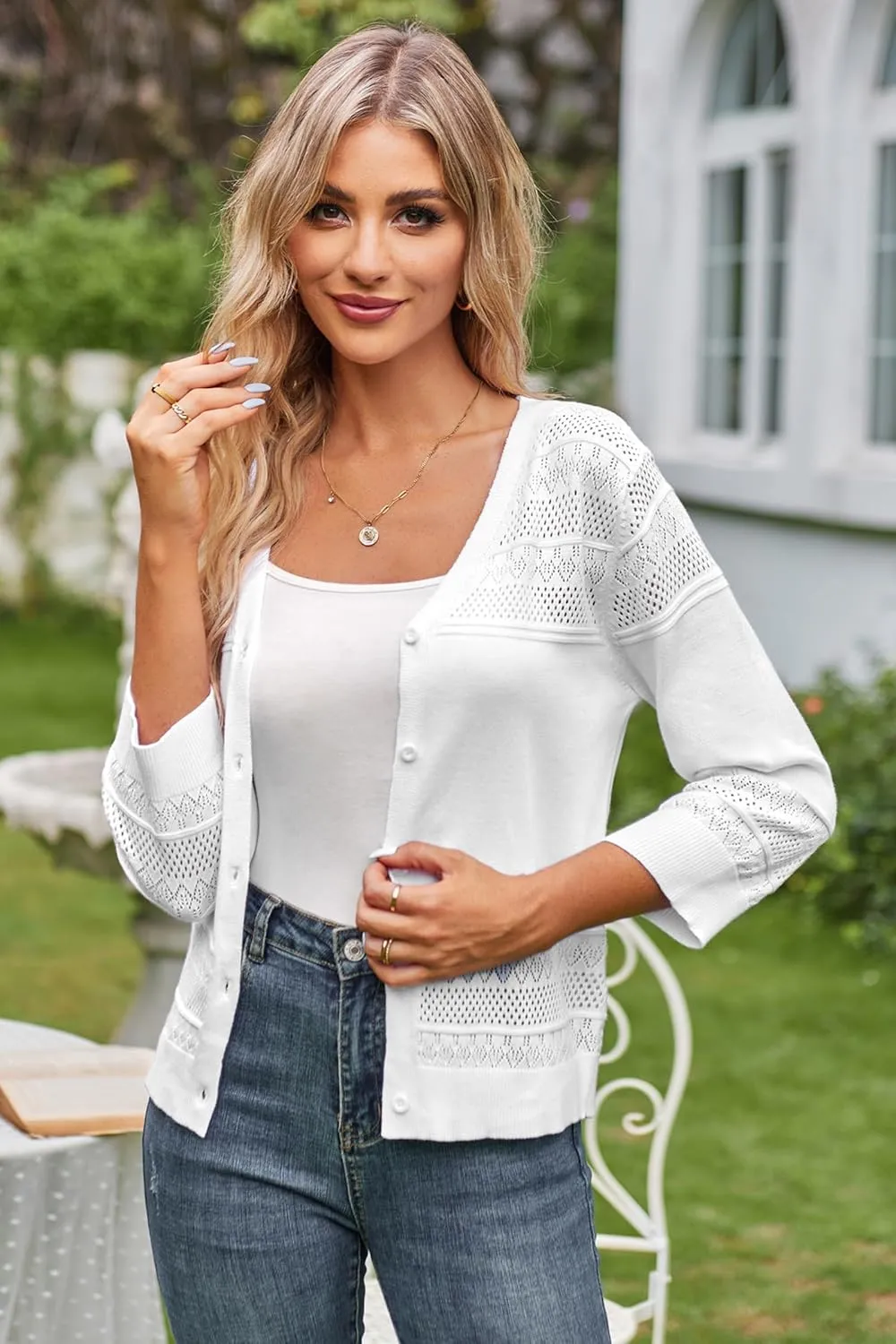 GRACE KARIN Women's 2025 Cropped Cardigan 3/4 Sleeve Lightweight Crochet Shrug Hollowed-Out Knit Sweater Tops