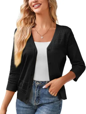 GRACE KARIN Women's 2025 Cropped Cardigan 3/4 Sleeve Lightweight Crochet Shrug Hollowed-Out Knit Sweater Tops