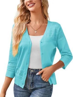 GRACE KARIN Women's 2025 Cropped Cardigan 3/4 Sleeve Lightweight Crochet Shrug Hollowed-Out Knit Sweater Tops