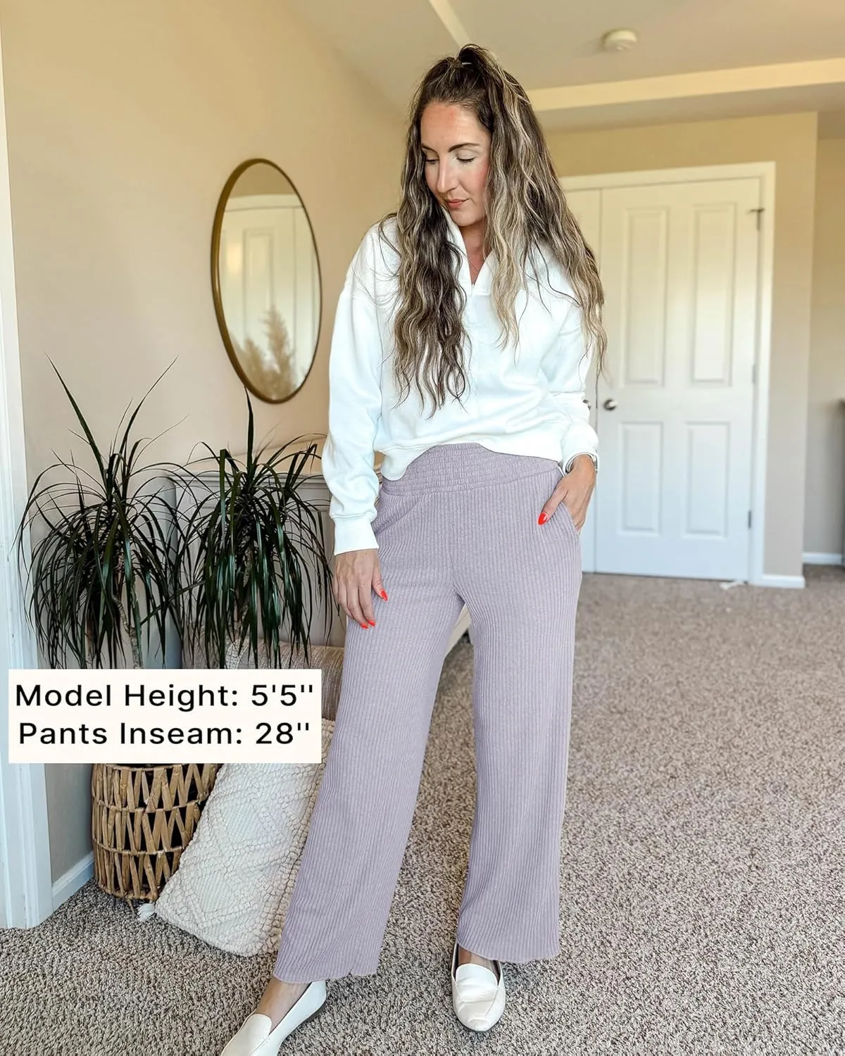 GRAPENT Ribbed Wide Leg Pants Woman High Waisted Pull On Lounge Fleece Knit Fall Smocked Elastic Waist Pants with Pocket