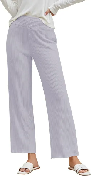 GRAPENT Ribbed Wide Leg Pants Woman High Waisted Pull On Lounge Fleece Knit Fall Smocked Elastic Waist Pants with Pocket