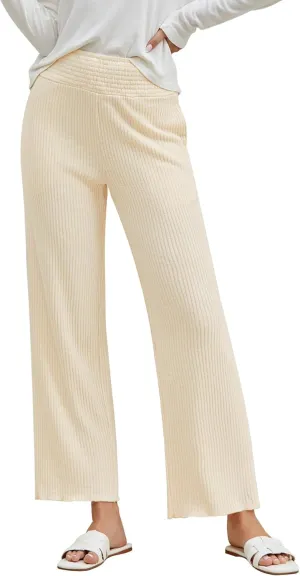 GRAPENT Ribbed Wide Leg Pants Woman High Waisted Pull On Lounge Fleece Knit Fall Smocked Elastic Waist Pants with Pocket