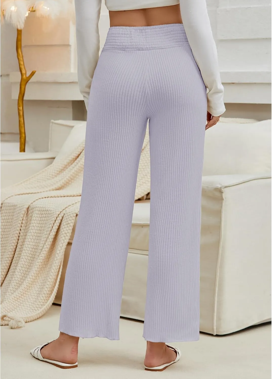 GRAPENT Ribbed Wide Leg Pants Woman High Waisted Pull On Lounge Fleece Knit Fall Smocked Elastic Waist Pants with Pocket