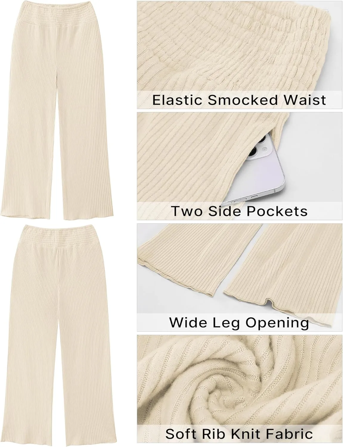 GRAPENT Ribbed Wide Leg Pants Woman High Waisted Pull On Lounge Fleece Knit Fall Smocked Elastic Waist Pants with Pocket