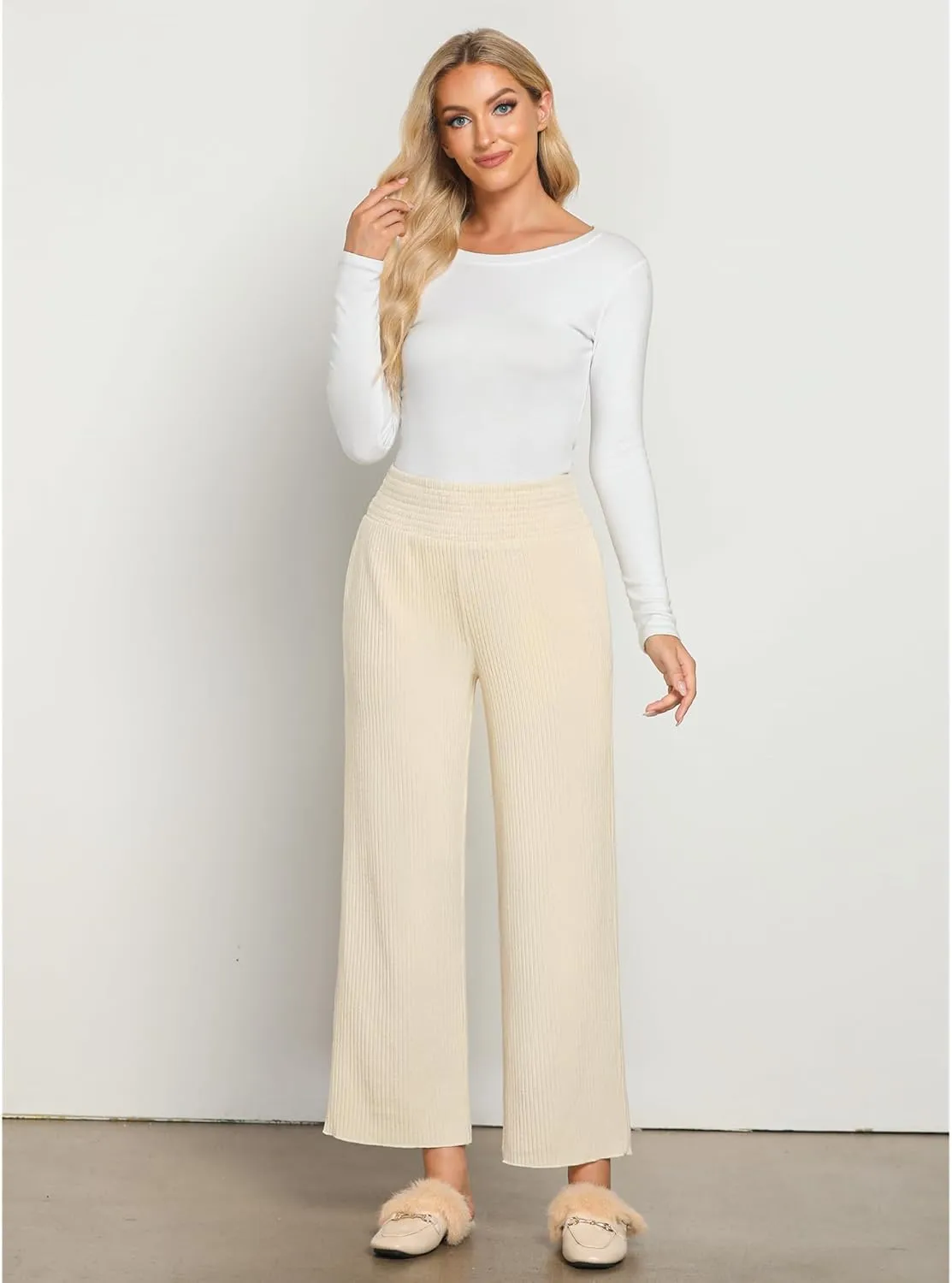 GRAPENT Ribbed Wide Leg Pants Woman High Waisted Pull On Lounge Fleece Knit Fall Smocked Elastic Waist Pants with Pocket
