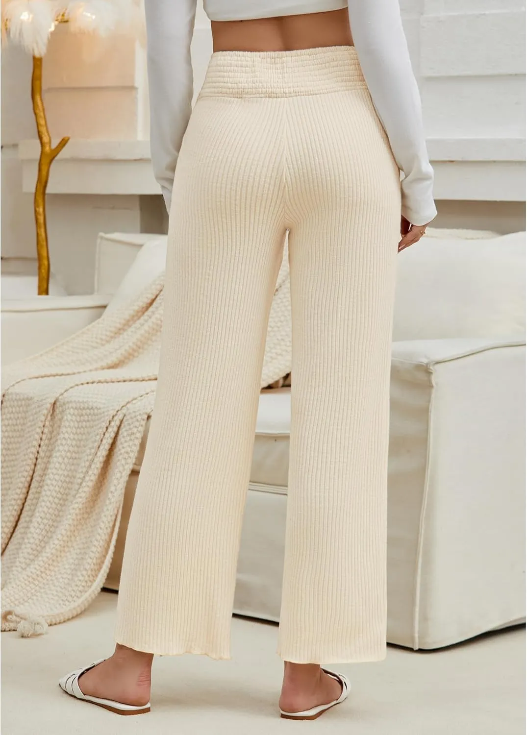 GRAPENT Ribbed Wide Leg Pants Woman High Waisted Pull On Lounge Fleece Knit Fall Smocked Elastic Waist Pants with Pocket
