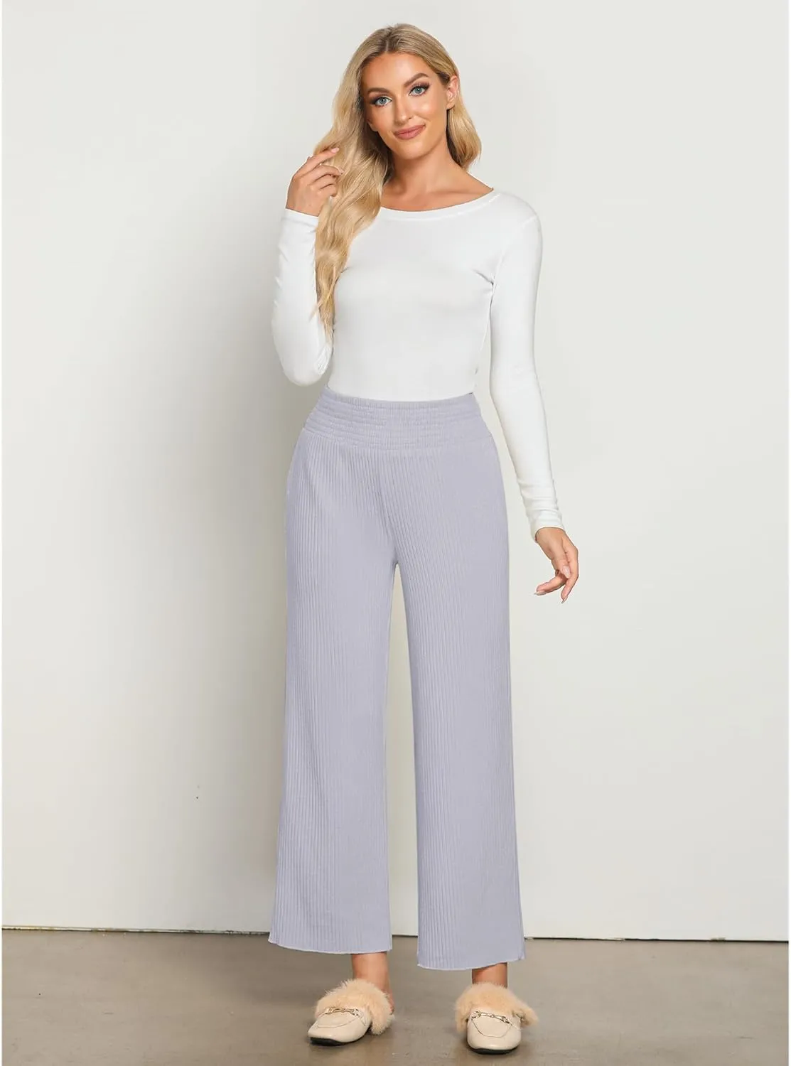 GRAPENT Ribbed Wide Leg Pants Woman High Waisted Pull On Lounge Fleece Knit Fall Smocked Elastic Waist Pants with Pocket