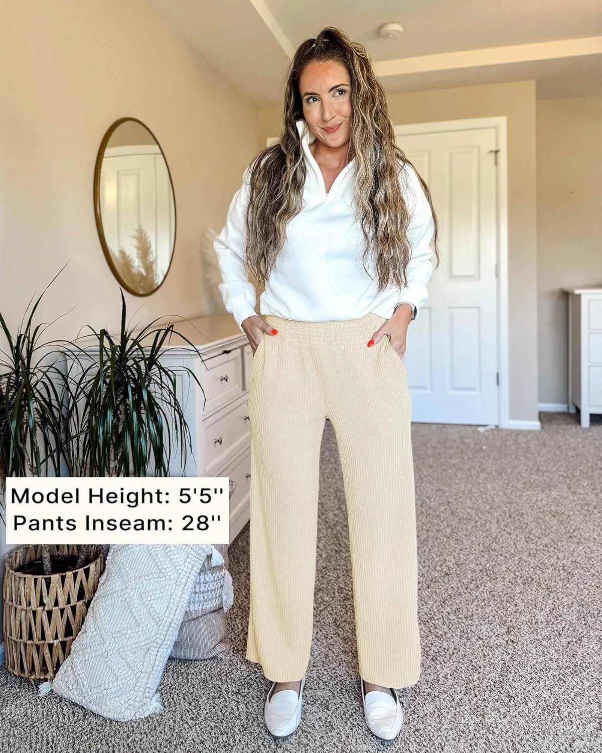 GRAPENT Ribbed Wide Leg Pants Woman High Waisted Pull On Lounge Fleece Knit Fall Smocked Elastic Waist Pants with Pocket