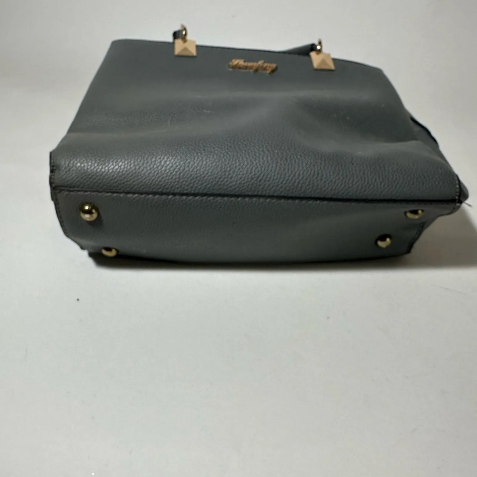 Gray Satchel with Structured Design and Gold Accents