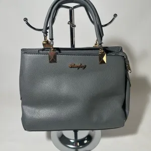 Gray Satchel with Structured Design and Gold Accents