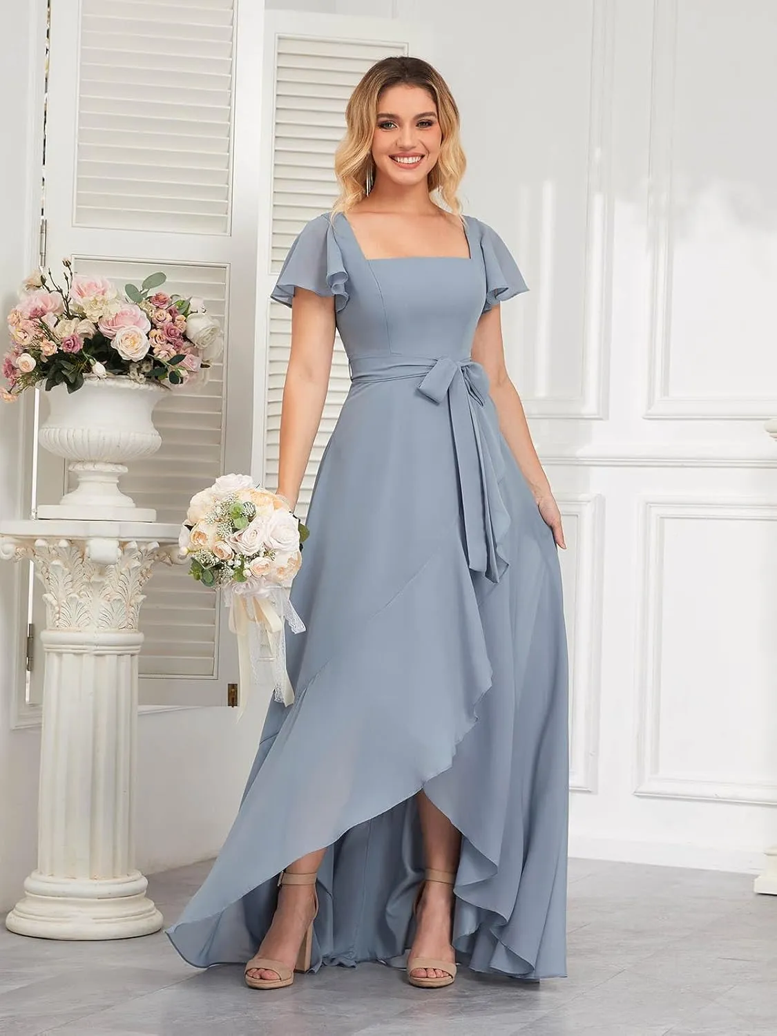 GUKARLEED Short Sleeves Bridesmaid Dresses with Slit Square Neck Corset Formal Dress High Low Chiffon Wedding Evening Dress