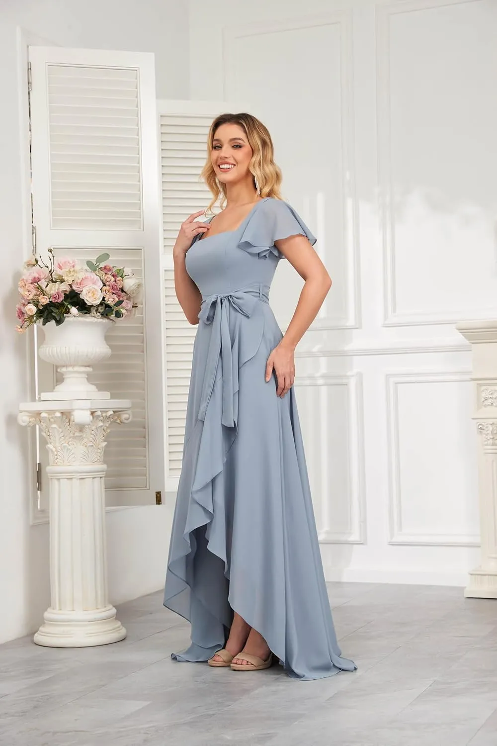 GUKARLEED Short Sleeves Bridesmaid Dresses with Slit Square Neck Corset Formal Dress High Low Chiffon Wedding Evening Dress