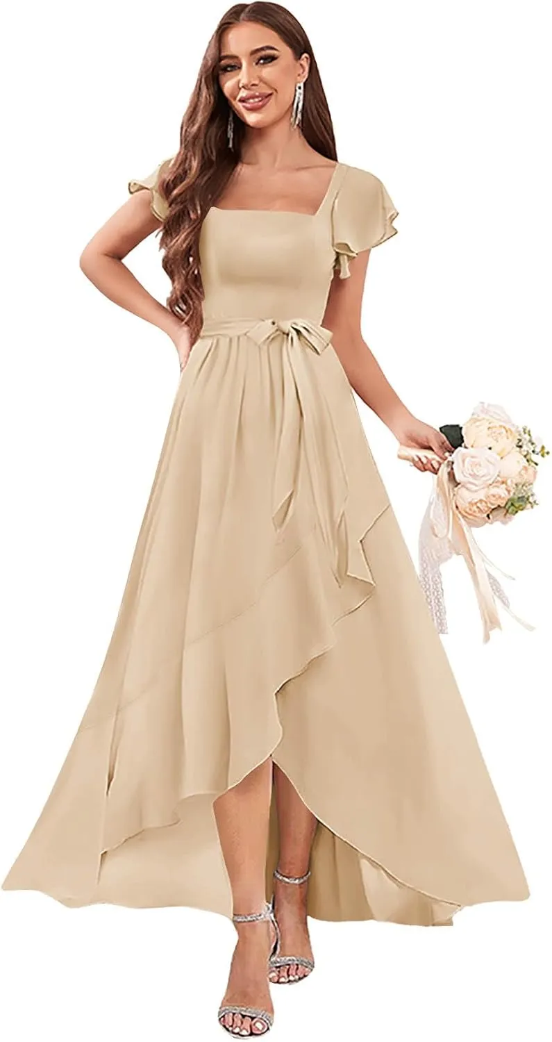 GUKARLEED Short Sleeves Bridesmaid Dresses with Slit Square Neck Corset Formal Dress High Low Chiffon Wedding Evening Dress