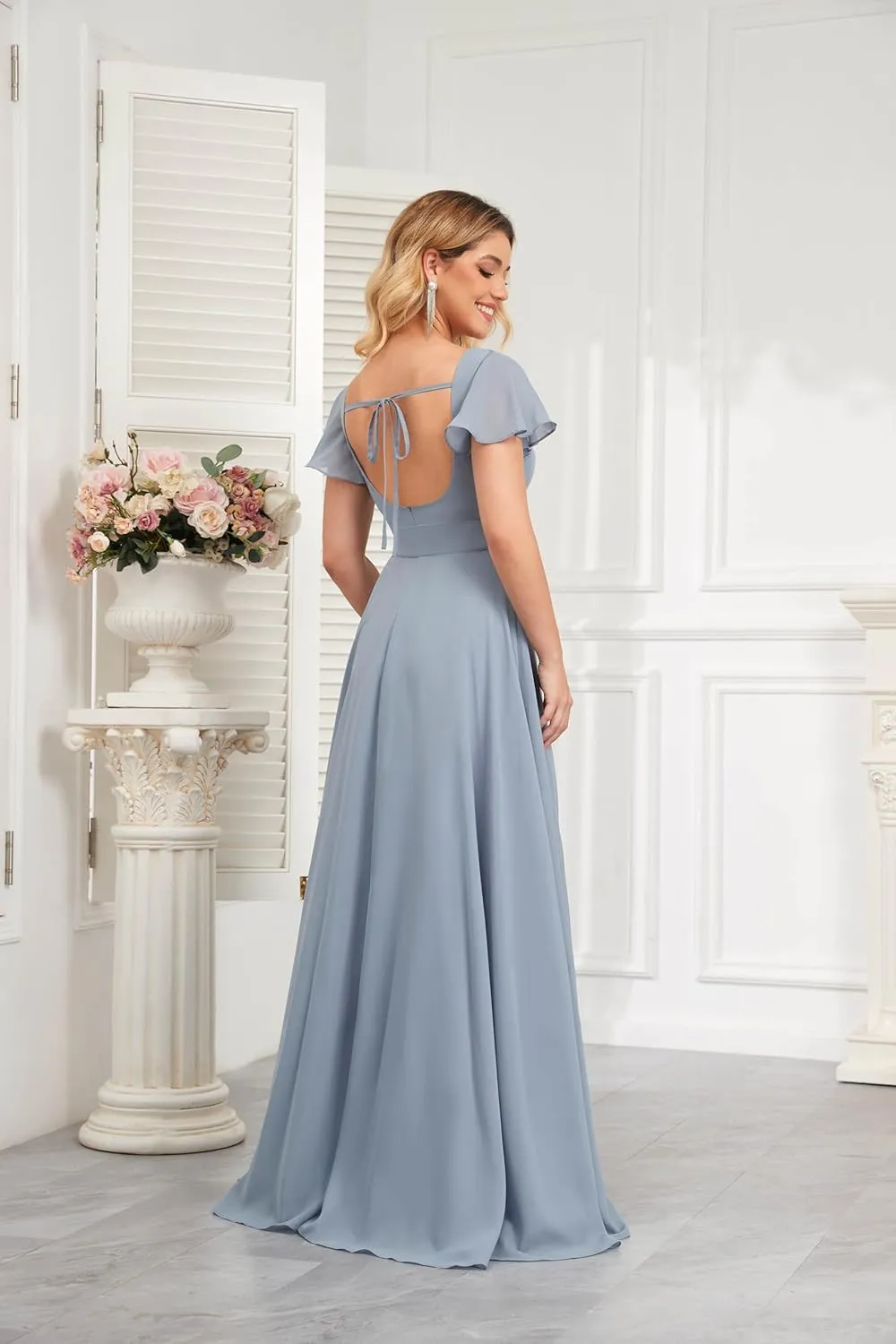 GUKARLEED Short Sleeves Bridesmaid Dresses with Slit Square Neck Corset Formal Dress High Low Chiffon Wedding Evening Dress