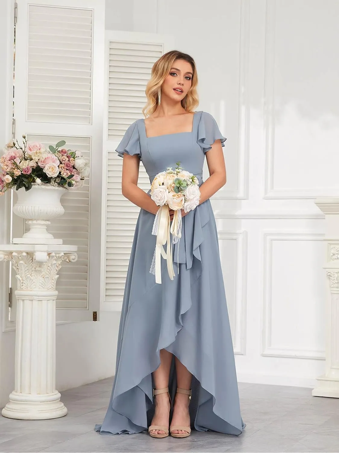 GUKARLEED Short Sleeves Bridesmaid Dresses with Slit Square Neck Corset Formal Dress High Low Chiffon Wedding Evening Dress
