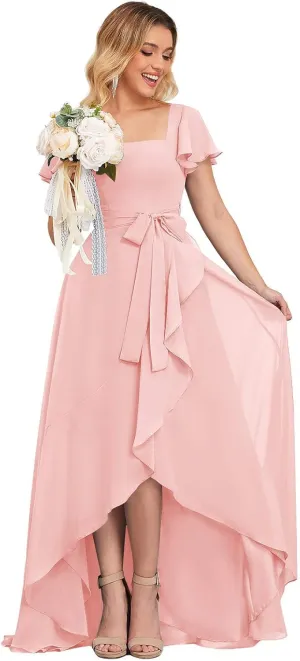 GUKARLEED Short Sleeves Bridesmaid Dresses with Slit Square Neck Corset Formal Dress High Low Chiffon Wedding Evening Dress