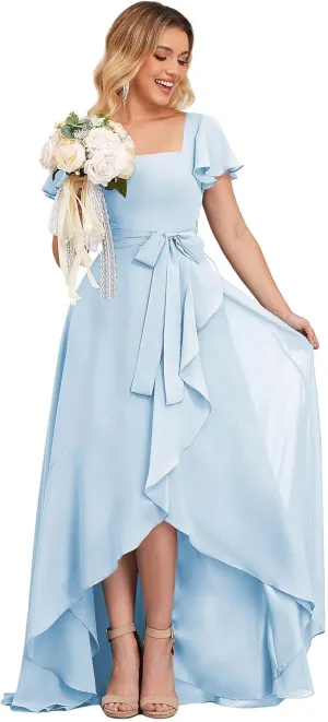 GUKARLEED Short Sleeves Bridesmaid Dresses with Slit Square Neck Corset Formal Dress High Low Chiffon Wedding Evening Dress