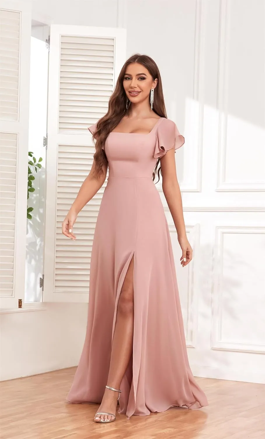 GUKARLEED Square Neck Bridesmaid Dresses with Short Sleeves Chiffon Formal Dress High Slit Wedding Guest Evening Dress