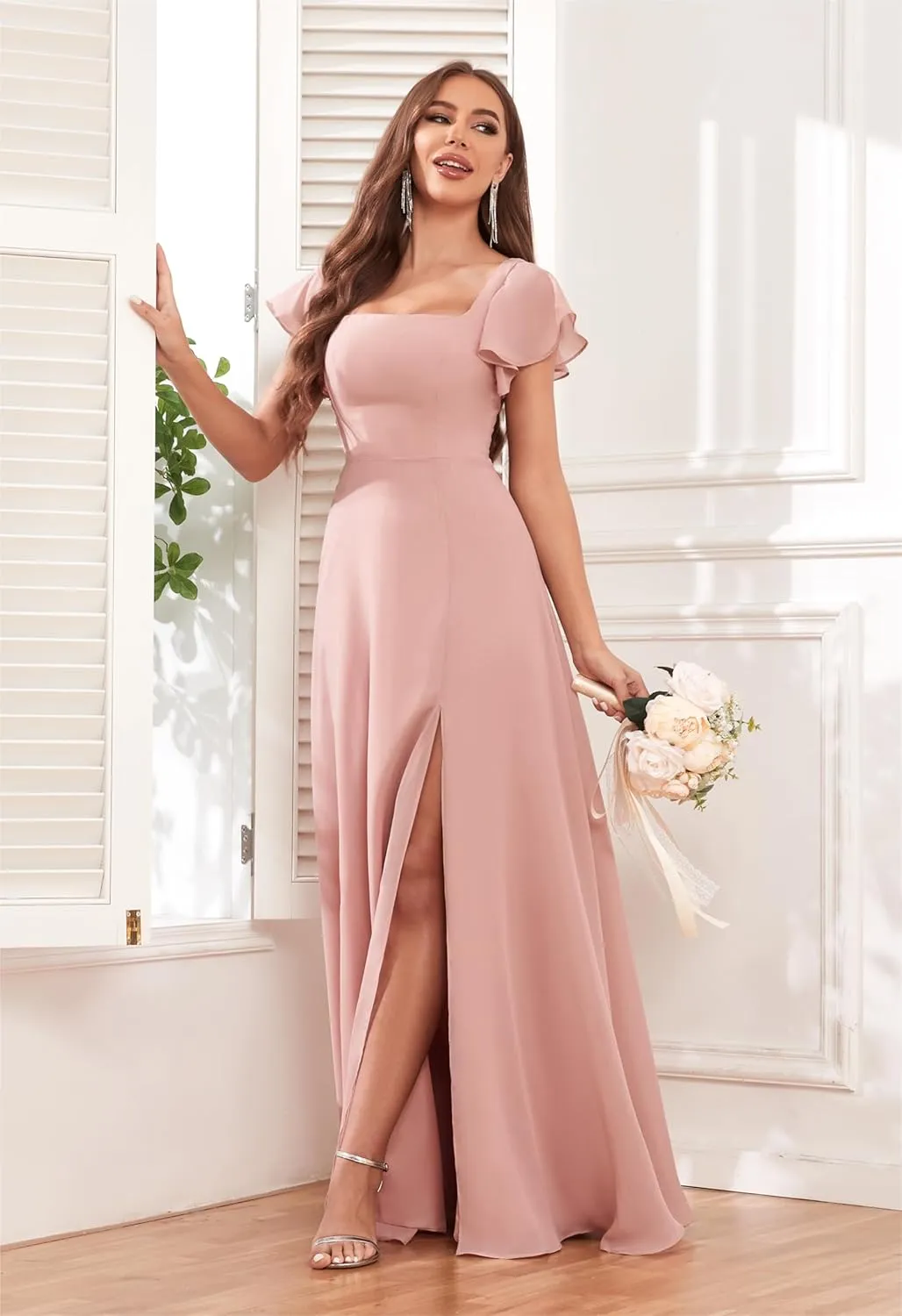GUKARLEED Square Neck Bridesmaid Dresses with Short Sleeves Chiffon Formal Dress High Slit Wedding Guest Evening Dress