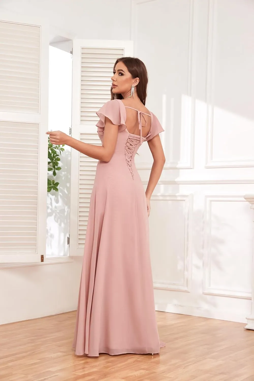 GUKARLEED Square Neck Bridesmaid Dresses with Short Sleeves Chiffon Formal Dress High Slit Wedding Guest Evening Dress