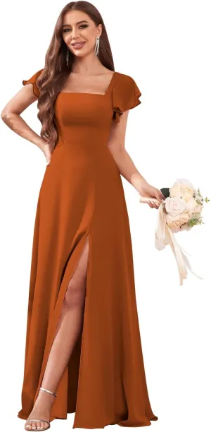 GUKARLEED Square Neck Bridesmaid Dresses with Short Sleeves Chiffon Formal Dress High Slit Wedding Guest Evening Dress