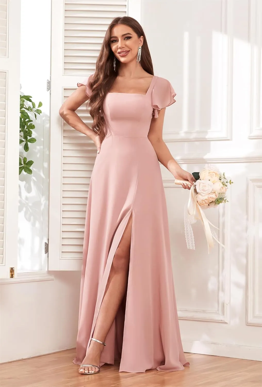 GUKARLEED Square Neck Bridesmaid Dresses with Short Sleeves Chiffon Formal Dress High Slit Wedding Guest Evening Dress