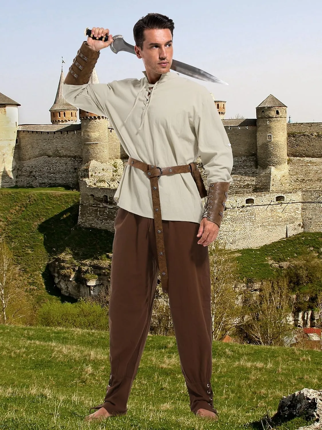 Halloween Renaissance Costume Men, Medieval Costume Men Renaissance Outfit Viking Shirt Pants Belt Accessories