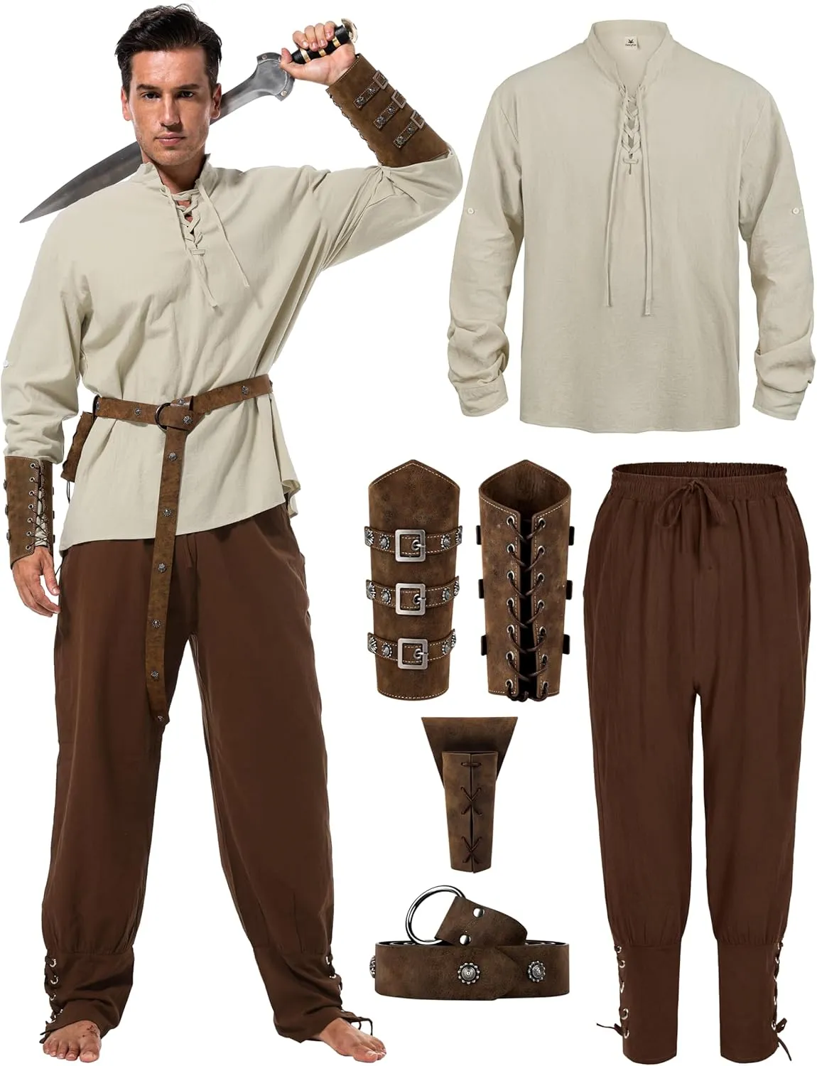 Halloween Renaissance Costume Men, Medieval Costume Men Renaissance Outfit Viking Shirt Pants Belt Accessories