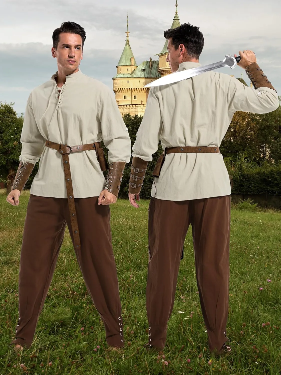 Halloween Renaissance Costume Men, Medieval Costume Men Renaissance Outfit Viking Shirt Pants Belt Accessories