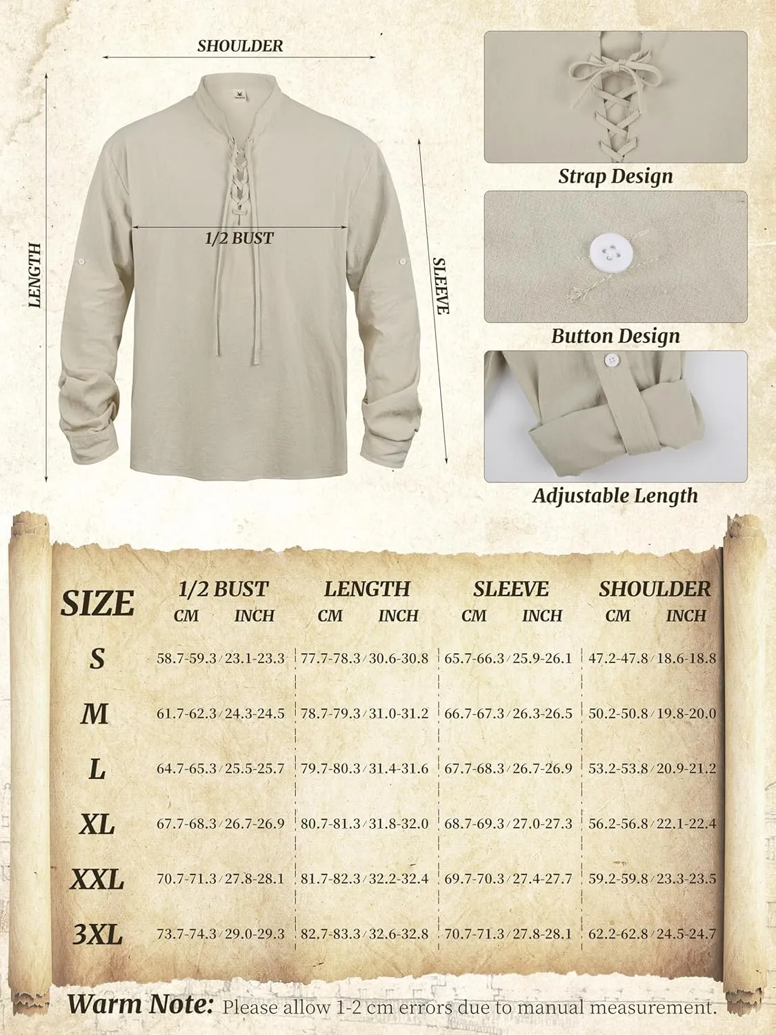 Halloween Renaissance Costume Men, Medieval Costume Men Renaissance Outfit Viking Shirt Pants Belt Accessories