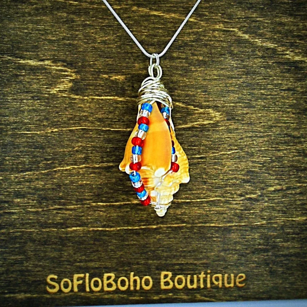 Handcrafted Fighting Conch Shell Pendant - Silver Wire Wrapped with Patriotic Glass Beads