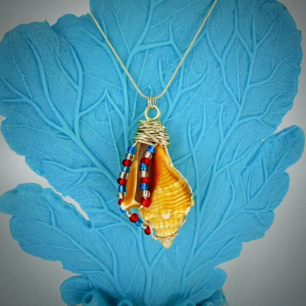 Handcrafted Fighting Conch Shell Pendant - Silver Wire Wrapped with Patriotic Glass Beads