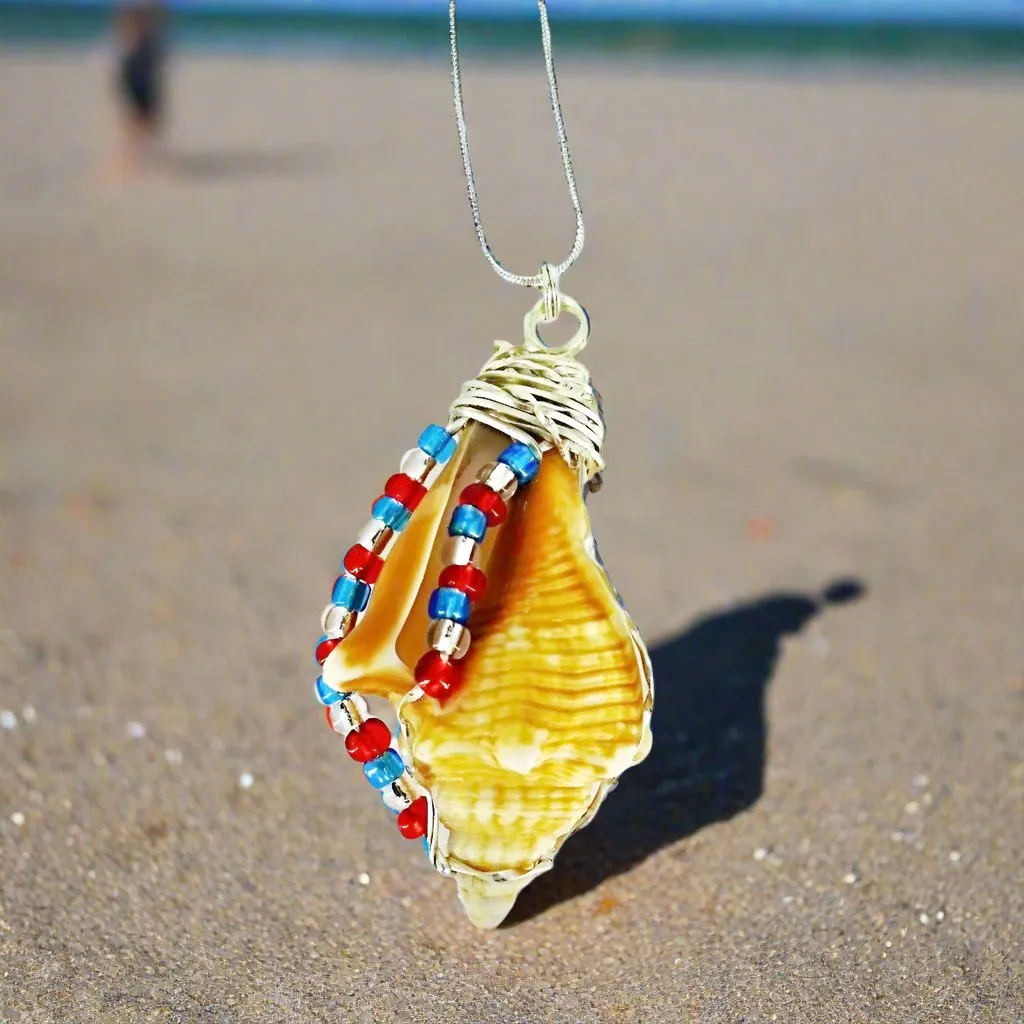 Handcrafted Fighting Conch Shell Pendant - Silver Wire Wrapped with Patriotic Glass Beads