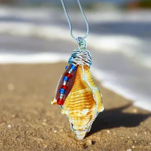 Handcrafted Fighting Conch Shell Pendant - Silver Wire Wrapped with Patriotic Glass Beads