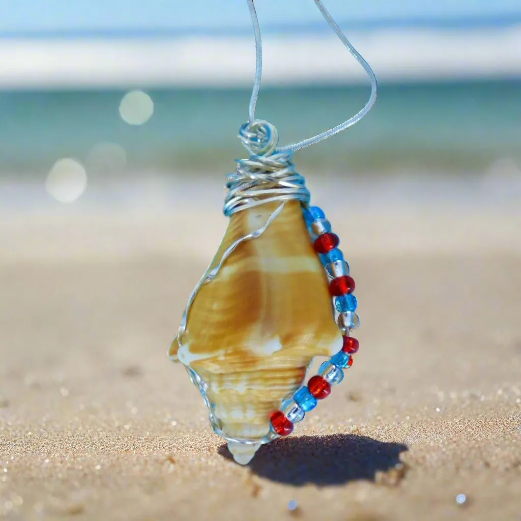 Handcrafted Fighting Conch Shell Pendant - Silver Wire Wrapped with Patriotic Glass Beads