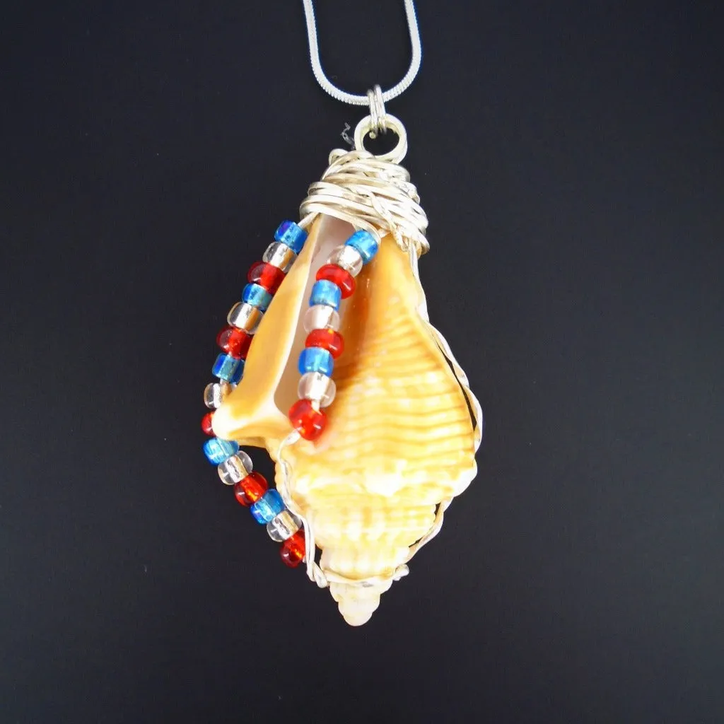 Handcrafted Fighting Conch Shell Pendant - Silver Wire Wrapped with Patriotic Glass Beads