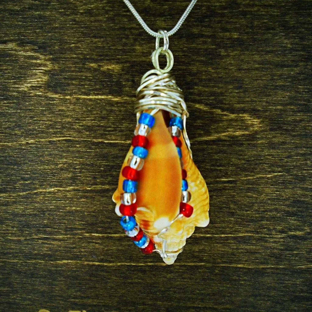 Handcrafted Fighting Conch Shell Pendant - Silver Wire Wrapped with Patriotic Glass Beads