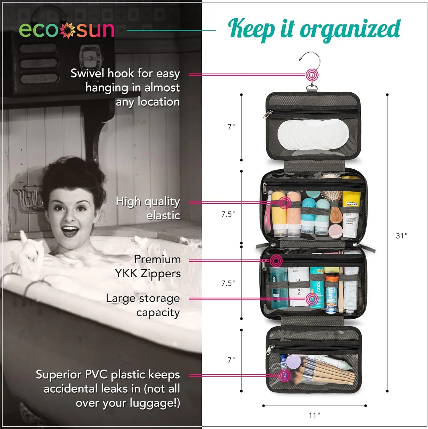 Hanging Travel Toiletry Bag  Designed in Hawaii  Water-resistant Travel Organizer for Bathroom Accessories