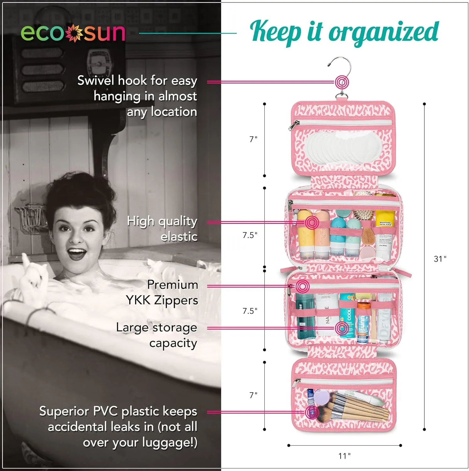 Hanging Travel Toiletry Bag  Designed in Hawaii  Water-resistant Travel Organizer for Bathroom Accessories