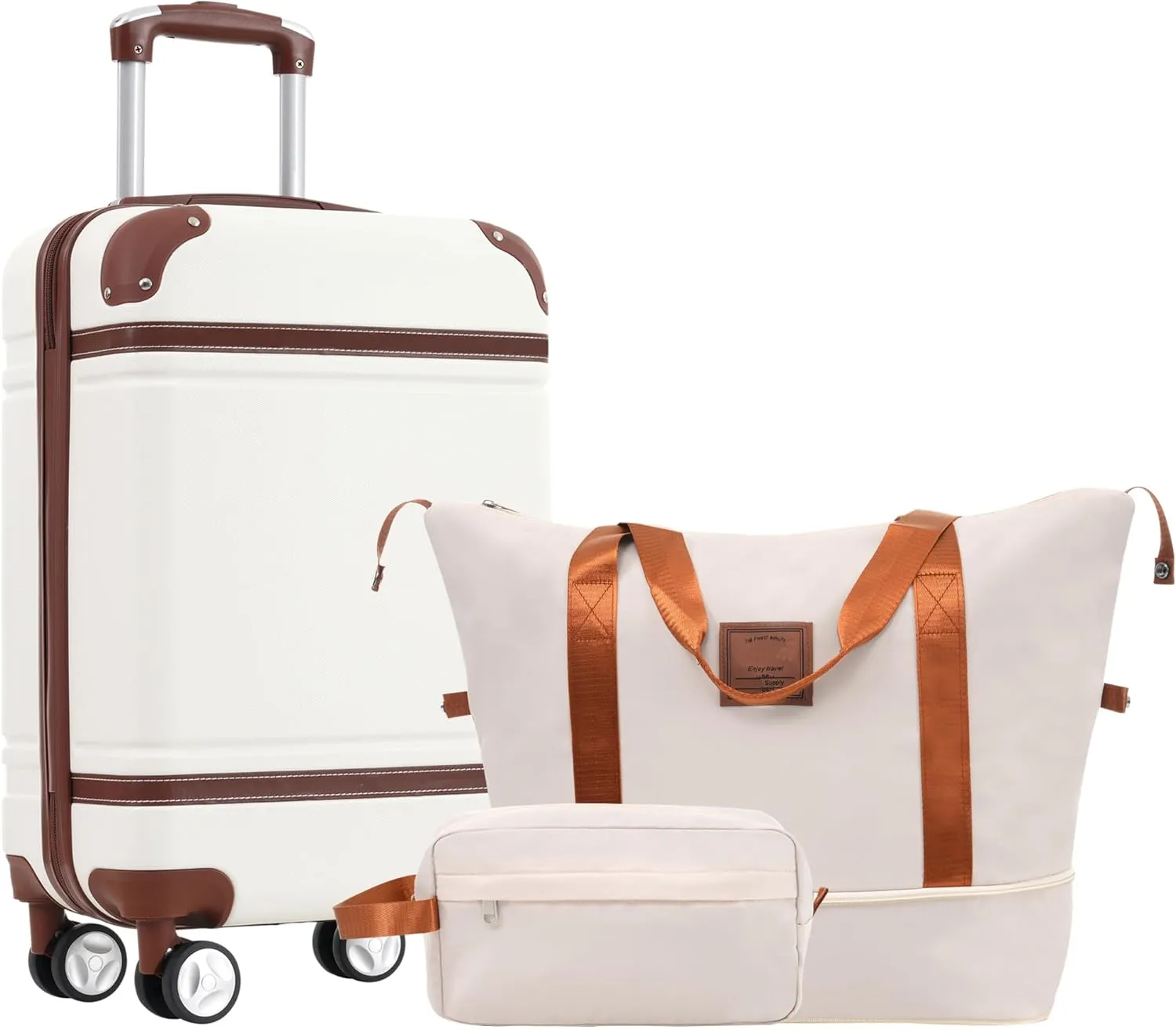 Hardshell Luggage Set with Carry-On Suitcase and Accessories, Vintage Style, 20-Inch, White