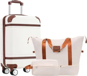Hardshell Luggage Set with Carry-On Suitcase and Accessories, Vintage Style, 20-Inch, White
