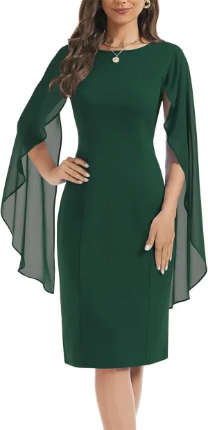 HELYO Women's Chiffon Cloak Sleeve Mini Cape Dress V-Back Semi-Formal Elegant Bodycon Wedding Guest Evening Cocktail Dresses