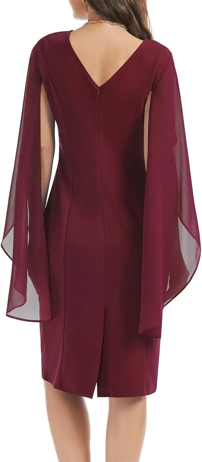 HELYO Women's Chiffon Cloak Sleeve Mini Cape Dress V-Back Semi-Formal Elegant Bodycon Wedding Guest Evening Cocktail Dresses