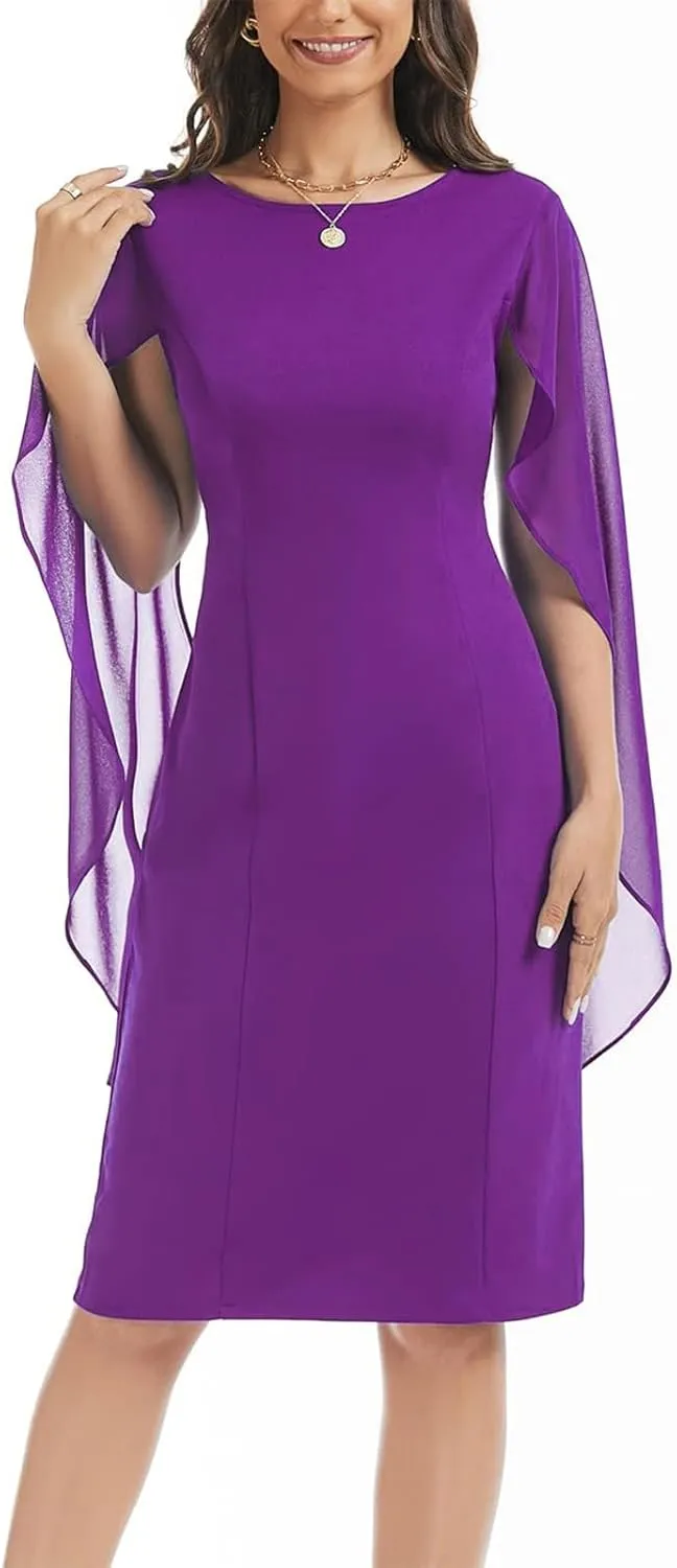 HELYO Women's Chiffon Cloak Sleeve Mini Cape Dress V-Back Semi-Formal Elegant Bodycon Wedding Guest Evening Cocktail Dresses